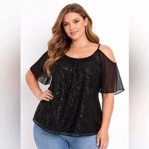Torrid Black Sequin Chiffon Blouse Size 4 (4X)